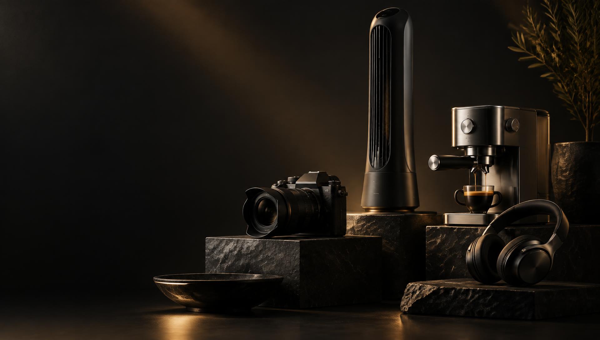 camera, ventilator, espressomachine en koptelefoon uit het assortiment